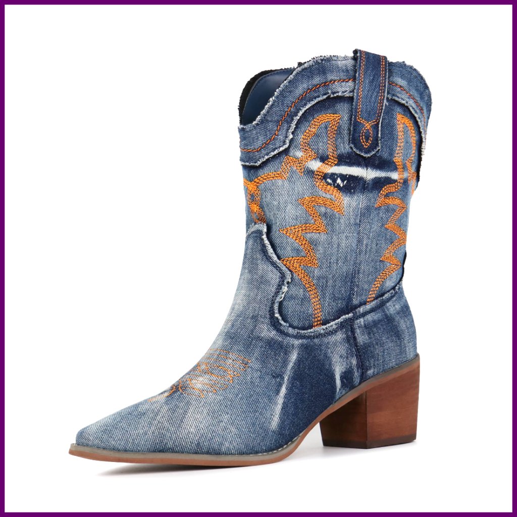 Women's Embroidered Western Boots Pointed Toe Chunky Heel Pull On